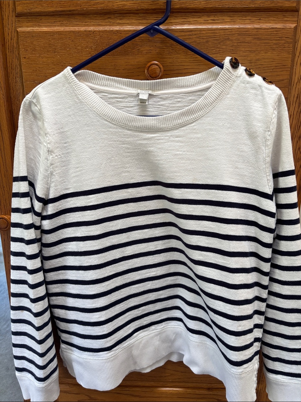J. Crew Cream and Black Striped Button-Shoulder Sweater